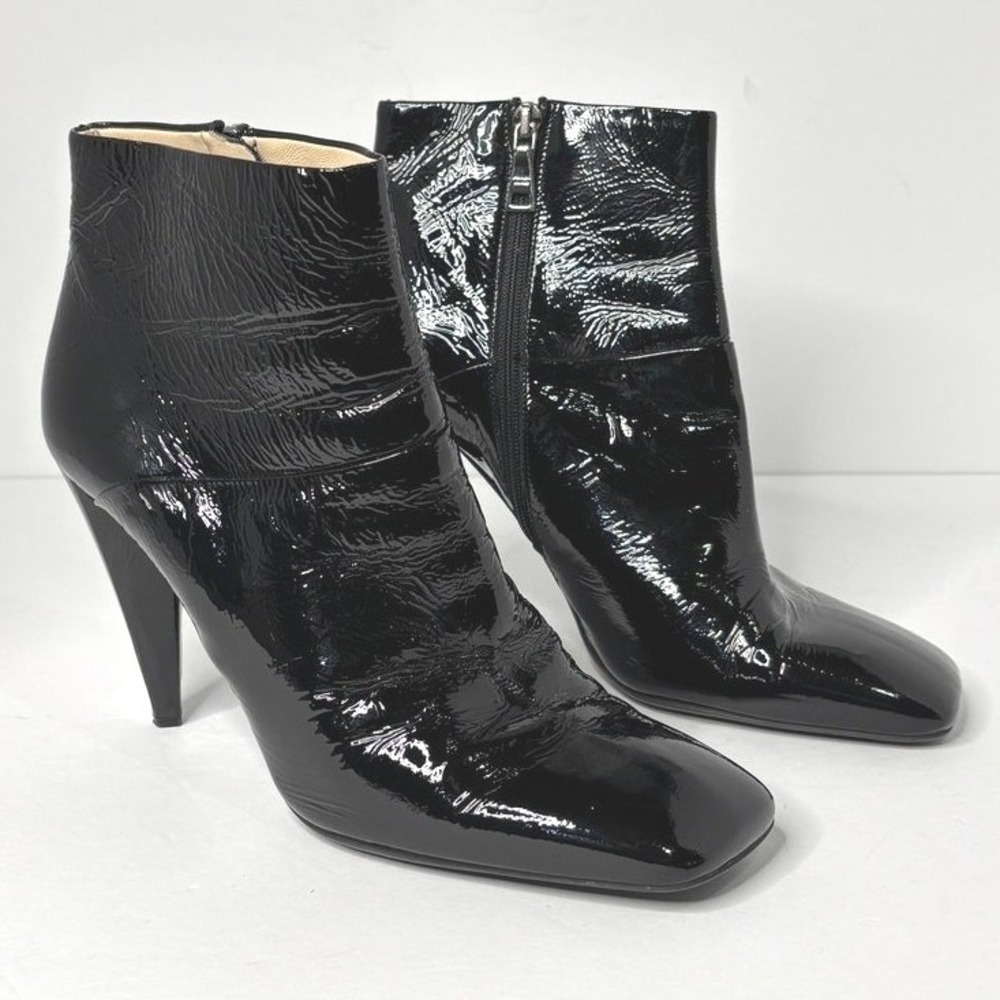 Prada Black Crinkled Patent Leather Square Toe Ankle Boots 39 Heel‎ 1I746L - Picture 2 of 9